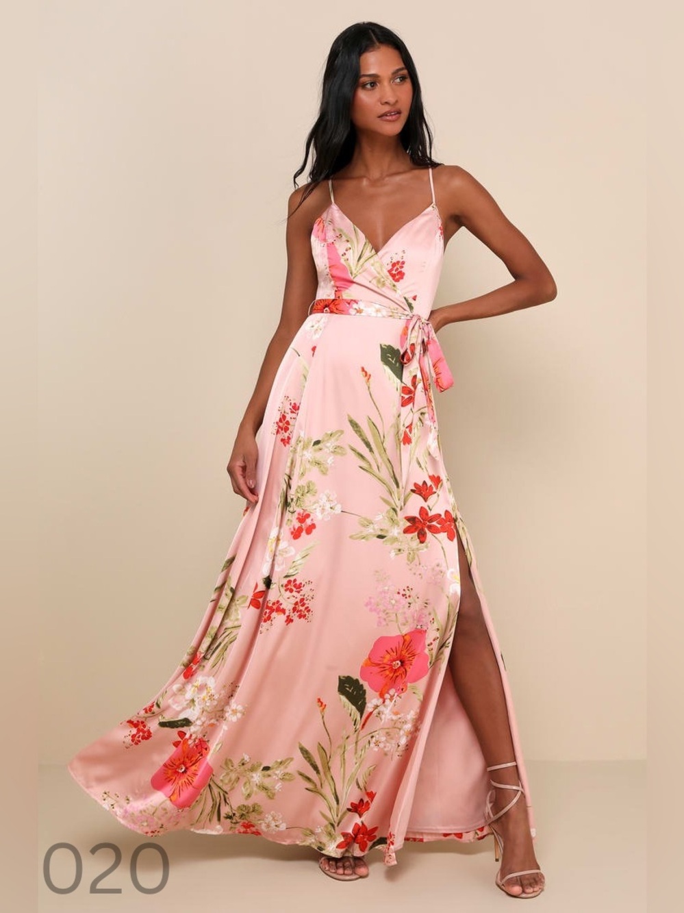 NWT - Lulu's Pink Floral Wrap Maxi Dress with Spaghetti Straps